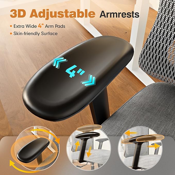ELABEST Ergonomic Office Chair,Home Desk Chair with Mesh Back,Adjustable Lumbar Support,Built-in Springs Wide Seat,Executive Task Chair with 3-D Big Armrests,Tilt Function,Computer Desk Chair (Grey)-DeskLoop Office