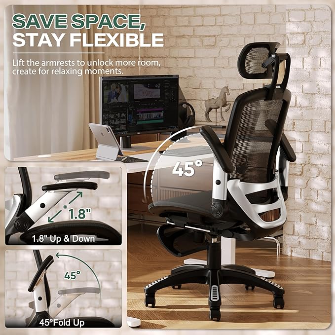 GABRYLLY Ergonomic Office Chair with Footrest, High Back Home Desk Chair - 3D Headrest, Flip-Up Arms, 135° Tilt and Wide Cushion, Heavy Duty Mesh Chairs for Task Computer Gaming,GYB01-FT-DeskLoop Office