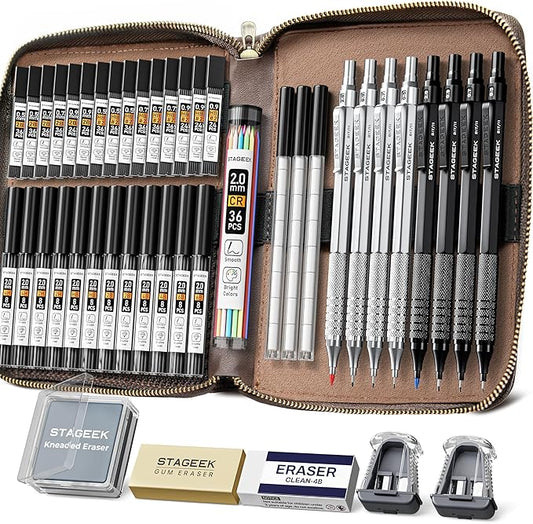 45PCS Black & Silver Metal Mechanical Pencil Set in Leather Case, 0.5, 0.7, 0.9, 2.0mm Drafting Pencils with 28 Tubes(6B 4B 2B HB 2H 4H & Colors)Lead Refills for Art Drawing, Sketching,Writing-DeskLoop Office