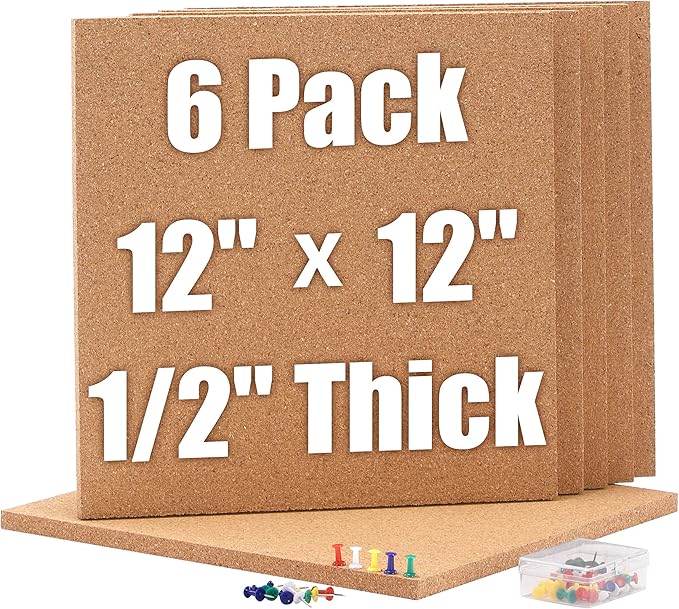 SUNGIFT Cork Boards for Walls - 12" x 12" Corkboard Squares, 1/2" Thick Cork Board Tiles, 6 Pack Wall Bulletin Board with 50 Push Pins for Office, Home Decor-DeskLoop Office