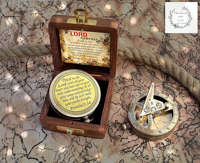 Trust in The Lord With All Your Heart - Proverbs 3:5-6 Quote Engraved Compass With Wooden Box, Greeting Card, Gift Compass, Graduation Day Gifts 2024 for Women Men Boys Girls-DeskLoop Office
