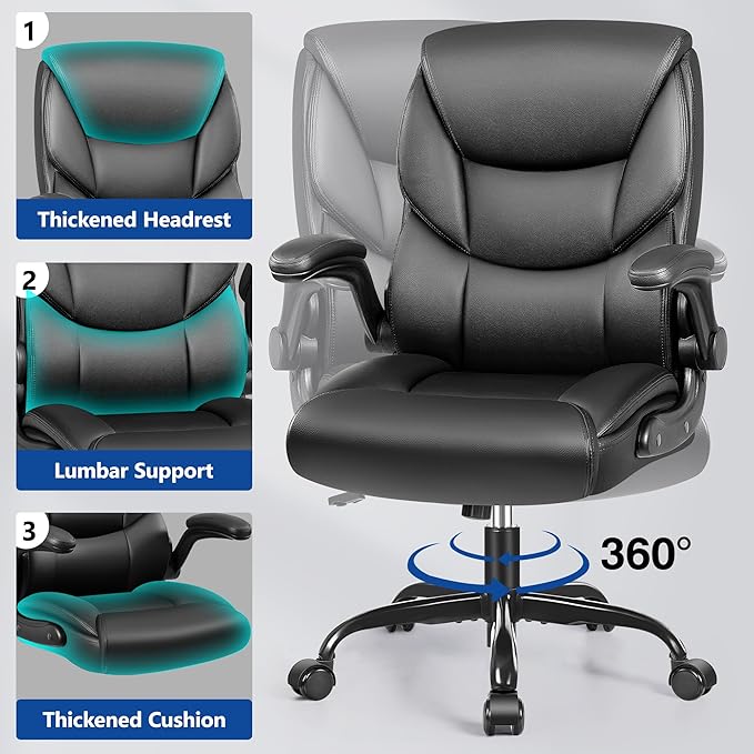 PU Leather Executive Office Chair, Ergonomic High-Back Computer & Gaming Chair with Adjustable Height, Rolling Swivel & Flip-Up Armrests, Comfy Padded Seat for Home Office-Black-DeskLoop Office