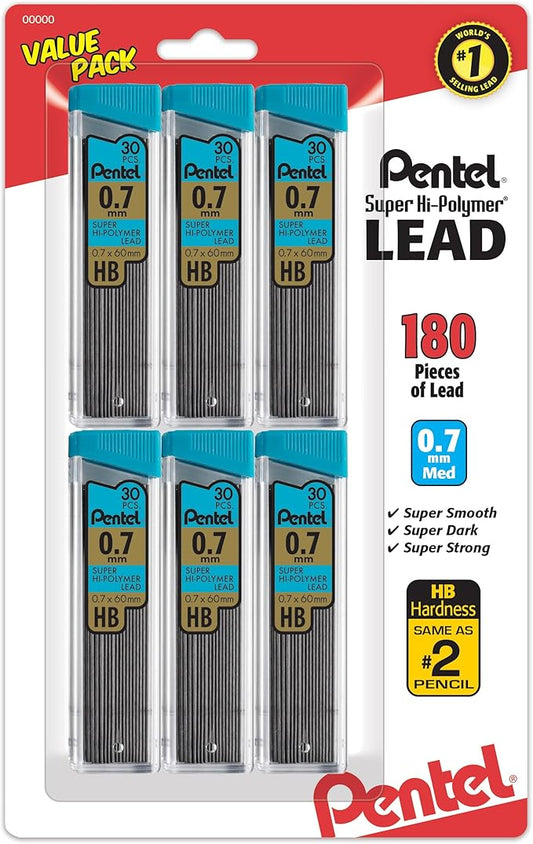 Pentel Super Hi-Polymer Refills, 0.7 mm Medium, HB, 180 Pieces of Lead (C27BPHB6)-DeskLoop Office