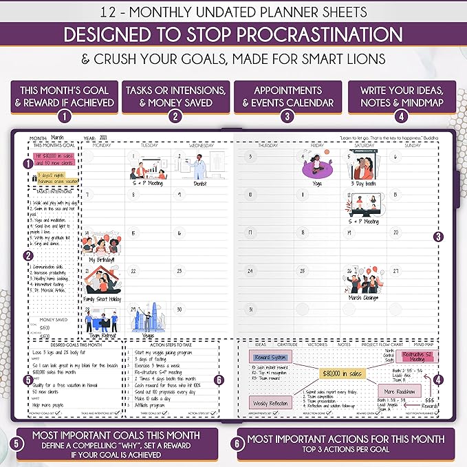 Life Planner - Undated Daily, Weekly & Monthly Planner with Budget Section | A 12 Month Journey to Increase Productivity & Happiness | Life Organizer & Gratitude Journal - Horizontal Format-DeskLoop Office