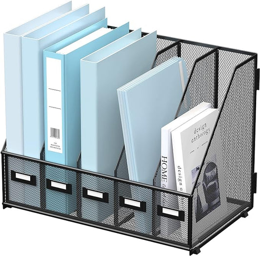 SUPEASY Desk Organizers Metal Desk Magazine File Holder with 5 Vertical Compartments Rack File Organizer for Office Desktop, Home Workspace, Black-DeskLoop Office