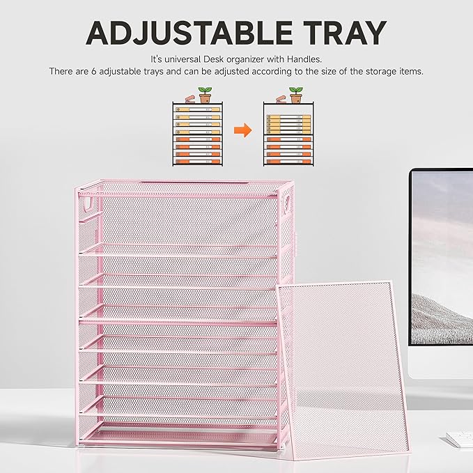Subekyu 9 Tier Paper Letter File Tray Organizer for Desk, Pink Large Mesh Desk Folder Sorter Organizer with Handle, Include 6 Pcs Adjustable Height Slid Tray for Office Home School Supplies Storage-DeskLoop Office