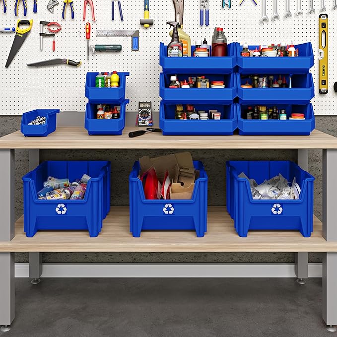 Commercial Industrial Heavy Duty Stackable Open-Front Recycling Bin Box Containers, 12 Gallon, 2 Pack, Blue-DeskLoop Office