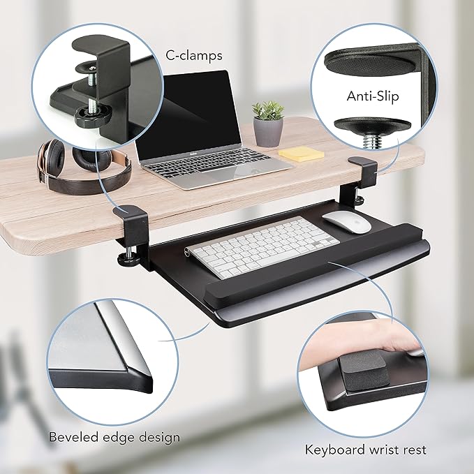 EHO Clamp-On Retractable Adjustable Keyboard Tray, Under Desk Ergonomic Keyboard Tray - Easy Tool-Free Install - Small with Wrist Rest 20" (24.8" Including Clamps) x 11.5" for Enhanced Typing Comfort-DeskLoop Office