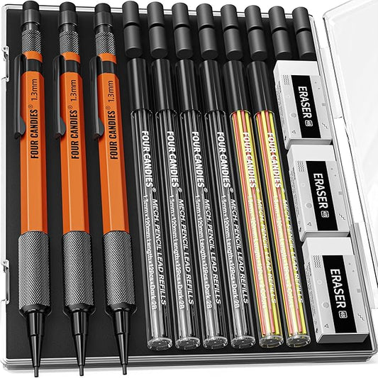 Four Candies 3PCS 1.3mm Mechanical Pencil Set with Case, Metal Heavy Duty Carpenter Pencils with 72 Refill(Red,Black,Yellow) 3Eraser, 16Eraser Refill, Weatherproof Body Outdoor Woodworking Marking-DeskLoop Office