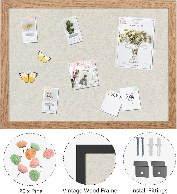 Cork Board Bulletin Board 18" x 24", Large Linen Corkboards with Frame for Walls, Cute Picture Display Pin Board Vision Board for Room School Office Bedroom 20 Pushpins Carbonized Black-DeskLoop Office