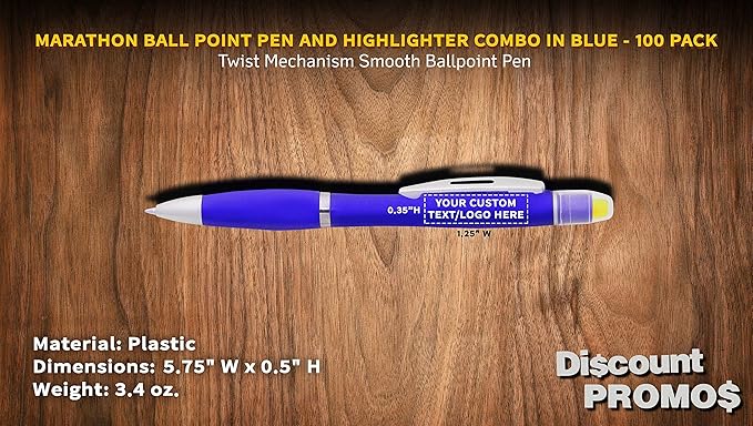 DISCOUNT PROMOS 100 Marathon Gel Highlighter Pens Pack - Customizable Text, Logo - Twist Mechanism, Ballpoint - Blue-DeskLoop Office