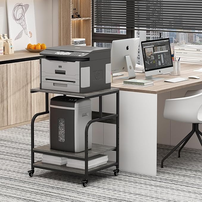 Large Printer Stand Table 23.6 x18.9 x 30 Inches with Height Adjustable Storage Shelf, 3 Tier Rolling Printer Cart with Wheels for Home Office, Gray-DeskLoop Office