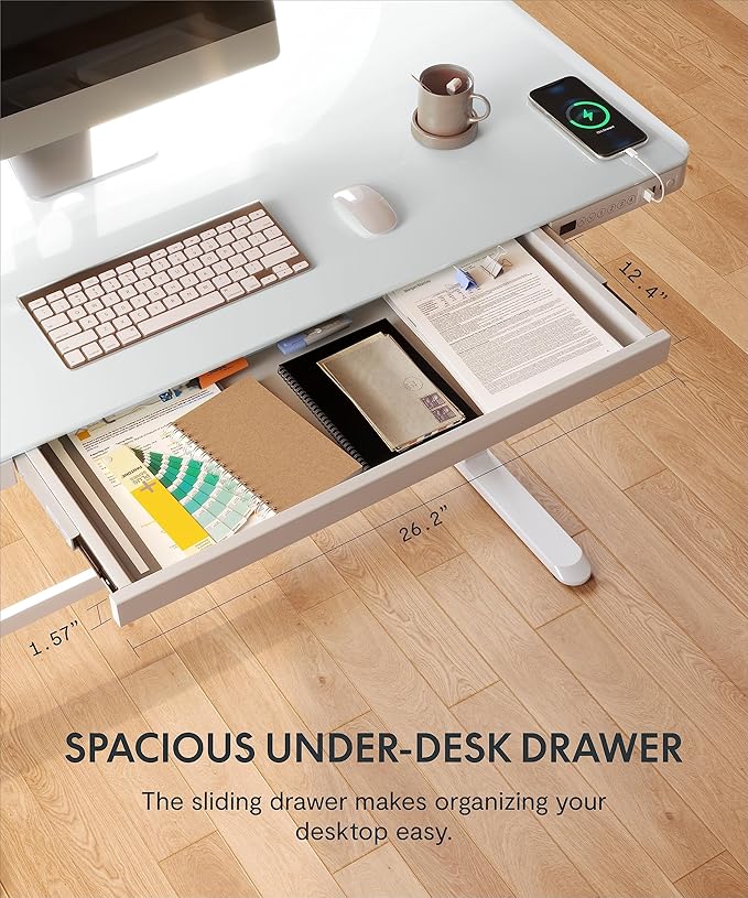 FLEXISPOT Electric Glass Standing Desk with Drawer Desktop & Adjustable Frame Quick Install w/USB Charge Ports, Child Lock (White, Glass)-DeskLoop Office