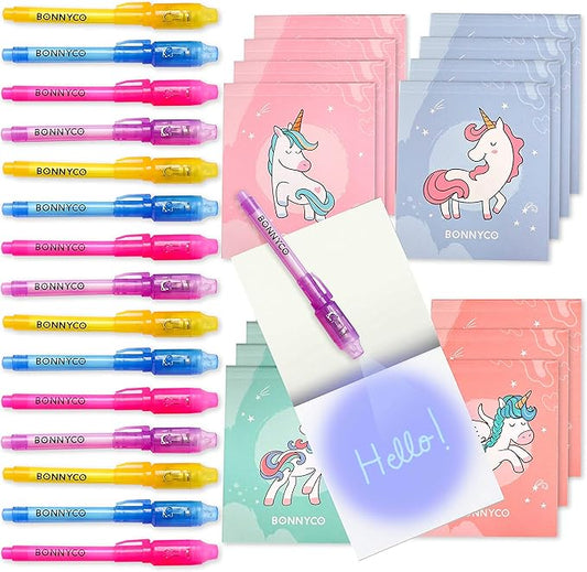 BONNYCO Invisible Ink Pen and Notebook Pack 16 Unicorn Party Favors for Kids, Magic Spy Pen Goodie Bags Stuffers for Kids, Unicorn Birthday Party Supplies, Goody Bag Stuffers | Return Gifts Prizes-DeskLoop Office