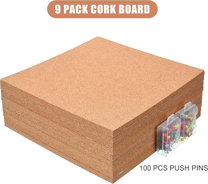 SUNGIFT Cork Board 12"x12" - 1/2" Thick Square Bulletin Boards 9 Pack Cork Tiles with 100 PCS Push Pins Mini Wall Self-Adhesive Corkboards Tiles for Wall-DeskLoop Office