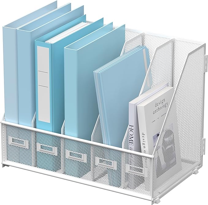 SUPEASY Desk Organizers Metal Desk Magazine File Holder with 5 Vertical Compartments Rack File Organizer for Office Desktop, Home Workspace, White-DeskLoop Office