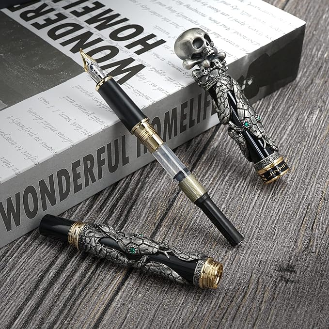 Jinhao Black Snake Fountain Pen Bent Nib Fude Pen with Skull Head Solid Metal-DeskLoop Office