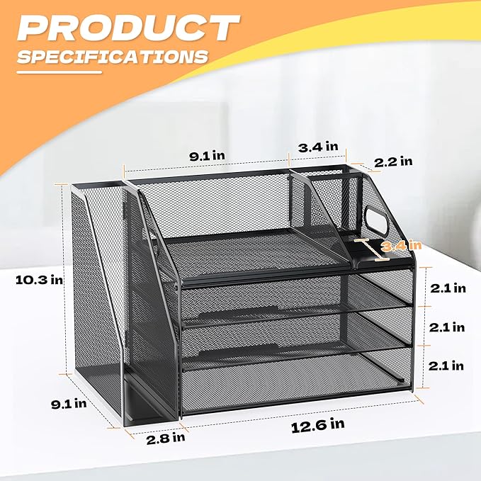 DocNest 4 Tier Paper Letter Tray File Organizer, Mesh Desk File with Handle, Workspace Desk Organizers with Pen Holder, Office Organization Storage Accessories - Black-DeskLoop Office