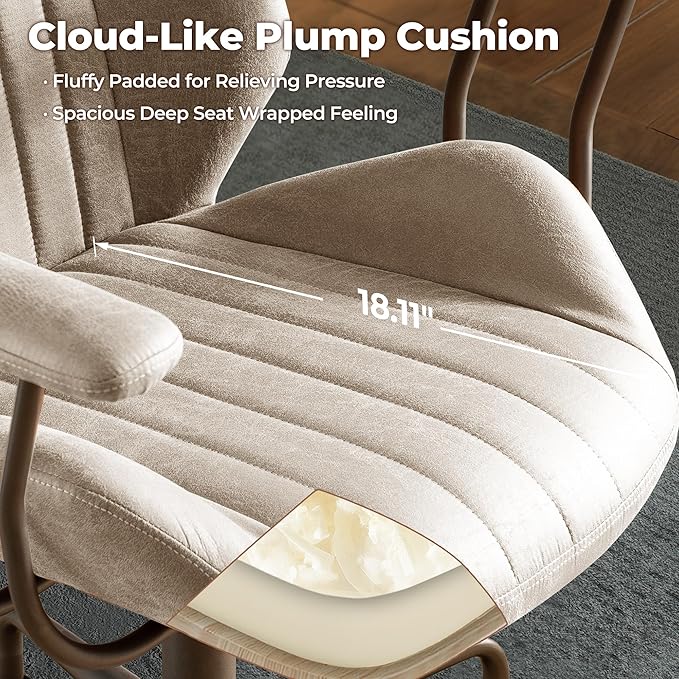 ovios Ergonomic Home Office Chair, Mid-Century Modern Faux Leather Chairs with Padded Armrests, Comfy Mid Back Swivel Rolling Executive Computer Armchair (Beige, Suede Leather)-DeskLoop Office