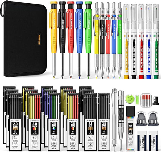 49 Pack Carpenter Pencil Set with Sharpener, Carpenter Pencils with Deep Hole Long-Nib Marker Pens, Carbide Scribe Tool & Construction Pencil for Architect Woodworking with Case-DeskLoop Office