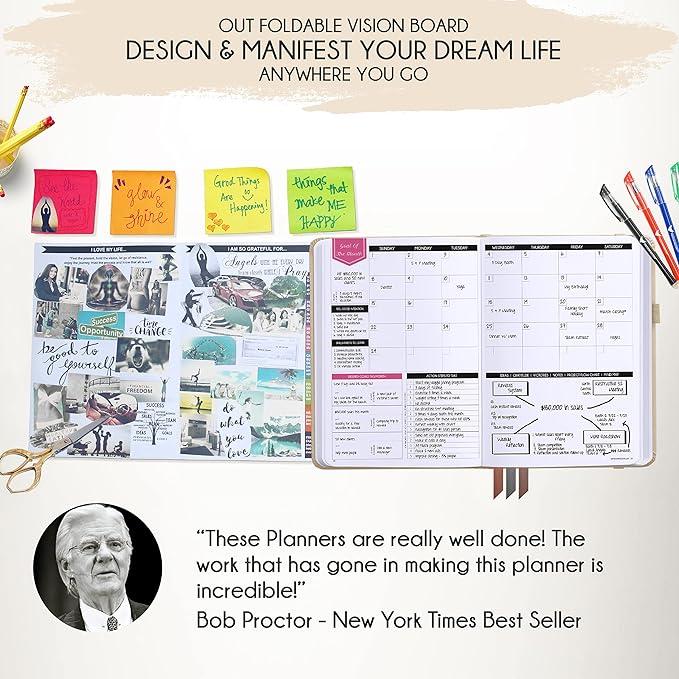 Law of Attraction Planner – Undated Hourly, Weekly & Monthly Goal Setting Planner, 12-Month to Increase Productivity | Life & Gratitude Journal, Include Foldable Vision Board, Gift Box & Stickers-DeskLoop Office