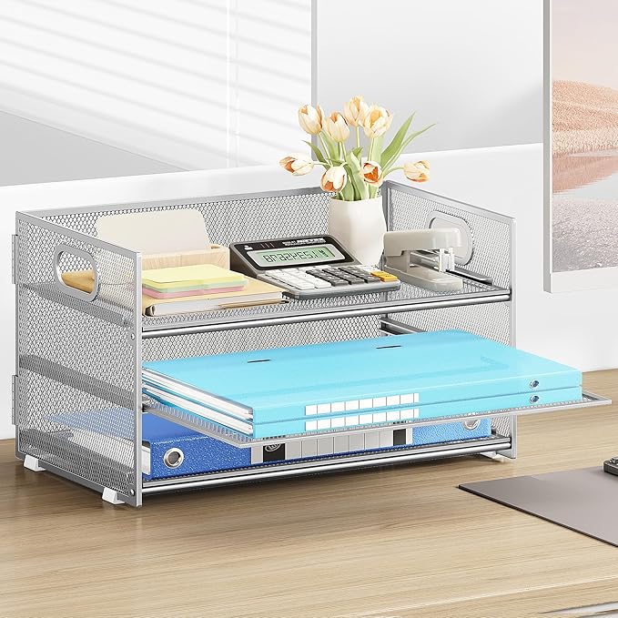 Subekyu 3 Tier Paper Desk Organizer with Handle and 1 PC Slideable Letter Tray, A4 Paper File Folder Sorter Metal Mesh Organizer for Home Office School Desk Supplies Organization Storage, Silver-DeskLoop Office