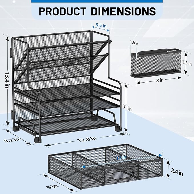 5 Tier Desk Organizer with Drawer & Pen Holders, Desk File Organizer Letter Tray Paper Organizer, Black-DeskLoop Office