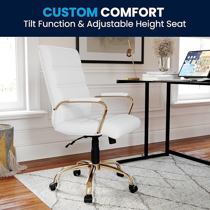 Flash Furniture Whitney Mid-Back Swivel LeatherSoft Desk Chair with Padded Seat and Armrests, Adjustable Height Padded Office Chair, White/Gold-DeskLoop Office