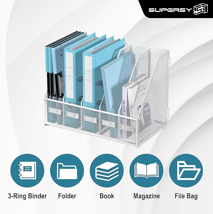 SUPEASY Desk Organizers Metal Desk Magazine File Holder with 5 Vertical Compartments Rack File Organizer for Office Desktop, Home Workspace, White Plus-DeskLoop Office