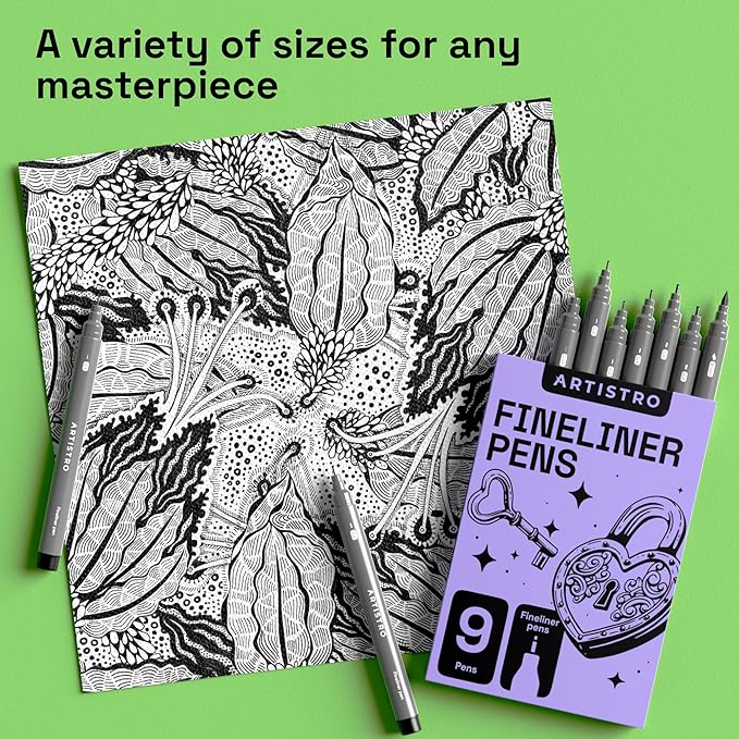 ARTISTRO Set of 9 Fineliner Pens - Black Micro Pens with Ultra Fine Tips for Drawing, Sketching, Writing, Journaling and Technical Illustration - Waterproof Archival Ink-DeskLoop Office