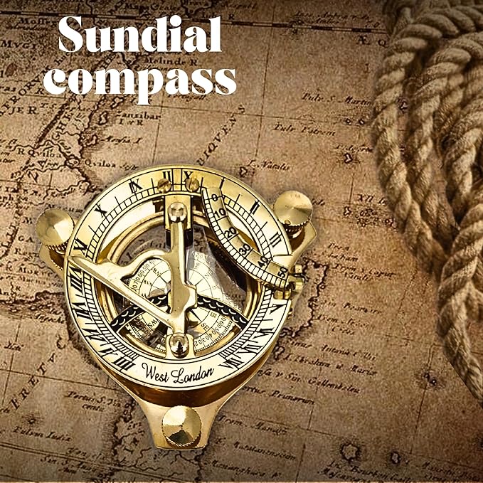Antique Brass & Copper Sundial Compass, Sundial Clock in Box Gift Sun Clock Ship Replica Watch, Nautical Gifts for Men, Unique Nautical Decor, Naval Maritime Sundial (#4 Golden Sundial)-DeskLoop Office