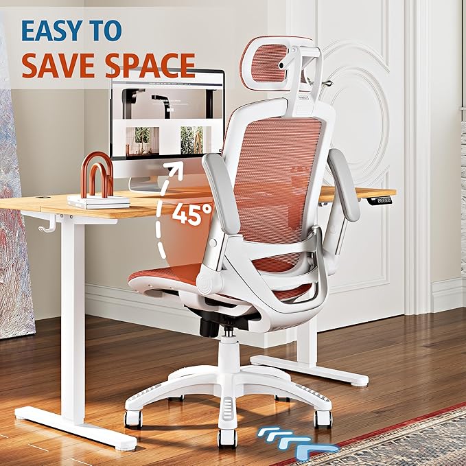 GABRYLLY Ergonomic Office Chair, High Back Home Desk Chair with Headrest, Flip-Up Arms, 90-120° Tilt Lock and Wide Cushion, 400LBS Mesh Chairs for Man Woman, White Task Chair(Orange,GY01WOR)-DeskLoop Office