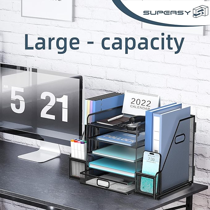 SUPEASY Mesh Desk Organizer with File Holder, 5-Tier Paper Letter Tray Organizer with Magazine Holder, Desktop Organizer and Storage with Drawer for Office Supplies Home or School, Black-DeskLoop Office