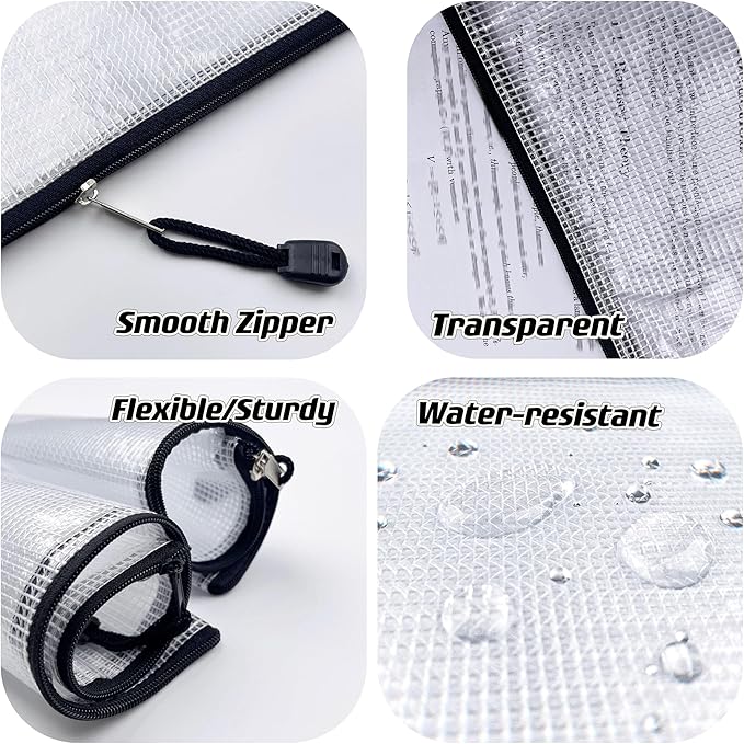 Oaimyy-A5(9"x 7",12 Pcs),Plastic Mesh Zipper Pouch Document Folders Bag & Zip File Folders for School Office Supplies, Travel,Puzzles Games Organizing Storage-Black