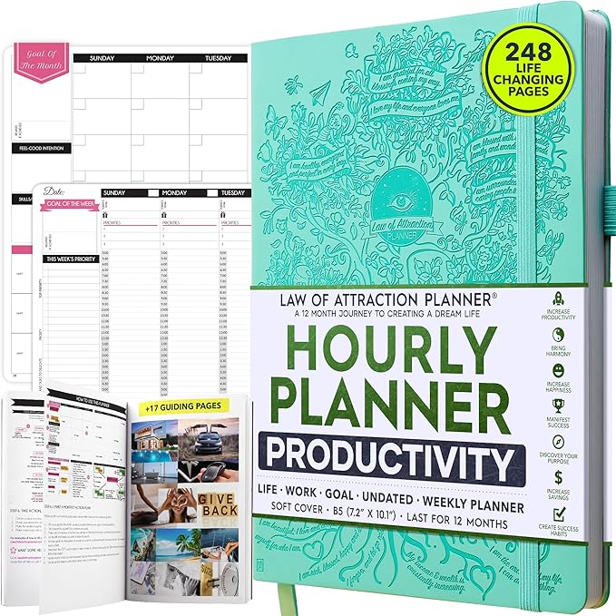 Hourly Planner – Undated Weekly & Monthly Goal Setting Planner, 12-Month to Increase Productivity | Life & Gratitude Journal, Include Foldable Vision Board, Gift Box & Stickers-DeskLoop Office