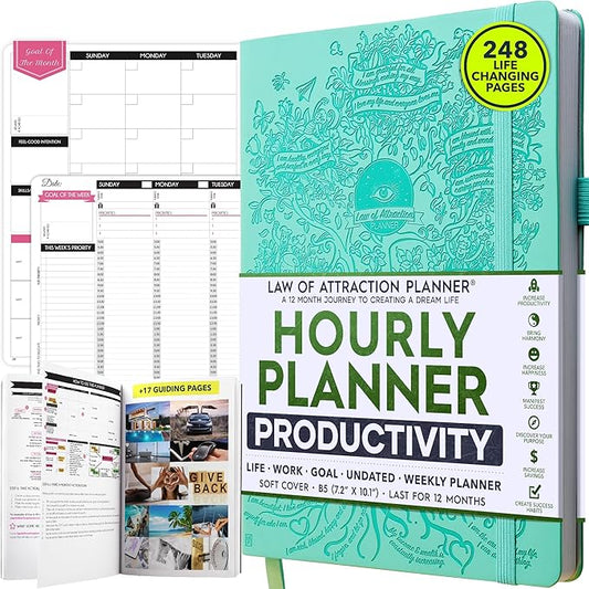 Hourly Planner – Undated Weekly & Monthly Goal Setting Planner, 12-Month to Increase Productivity | Life & Gratitude Journal, Include Foldable Vision Board, Gift Box & Stickers-DeskLoop Office