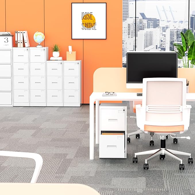 Crownland Lateral File Cabinet with 4 Drawers, 15" W Metal Lockable Office File Cabinets for Home Office- Stores Letter/Legal/A4/F4 Files(White)-DeskLoop Office