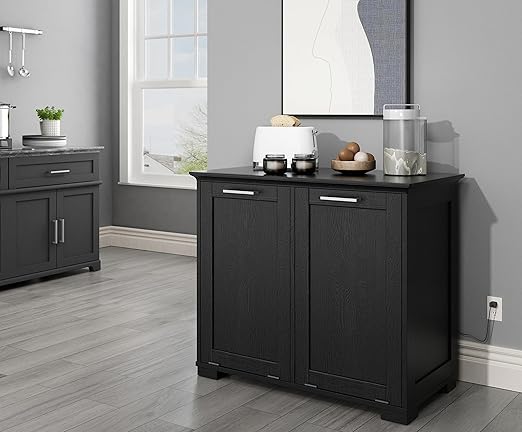 OLD CAPTAIN Double Tilt Out Trash Cabinet, Wooden Kitchen Garbage Can Free Standing Holder, Black Finish-DeskLoop Office