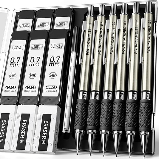 Four Candies Metal Mechanical Pencil Set - 6PCS 0.7mm Art Mechanical Pencils & 360PCS HB Lead Refills & 3PCS Erasers & 9PCS Eraser Refills, Drawing Mechanical Pencils for Writing, Sketching/With Case-DeskLoop Office