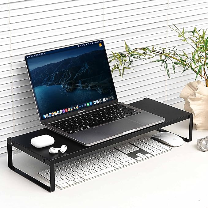 Adjustable Metal Monitor Stand - 11.6"-21.3" Ergonomic Desktop Riser for Computer/Laptop/TV, Heavy-Duty Office Shelf with Space-Saving Design (Black)-DeskLoop Office