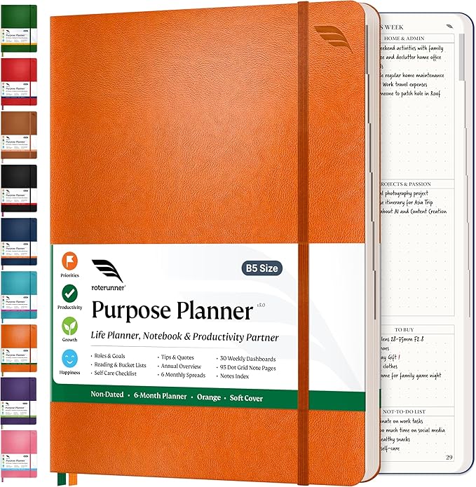 Purpose Planner Undated Monthly Weekly Daily Productivity Journal 2023 Optimised Life, Goal Setting & Business Tool for Academic Student, Professionals, Mums - Leather Day Organiser Notebook-DeskLoop Office