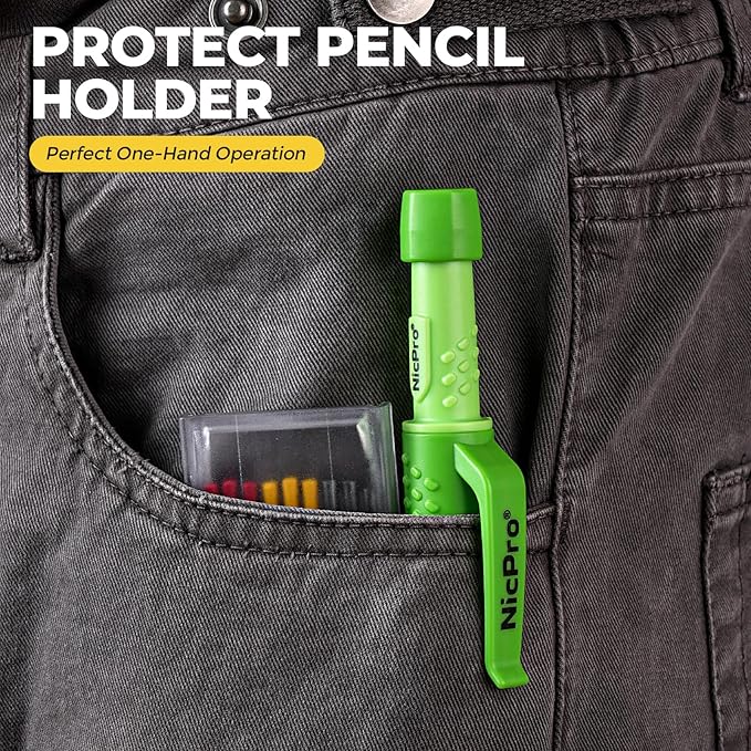 Nicpro CP3000 Carpenter Pencil with Sharpener, 2.8 mm Mechanical Pencils with 19 Refills, Deep Hole Marker for Construction, Heavy Duty Woodworking Pencil, Carpenter Tools for Architect Marking(Green)-DeskLoop Office