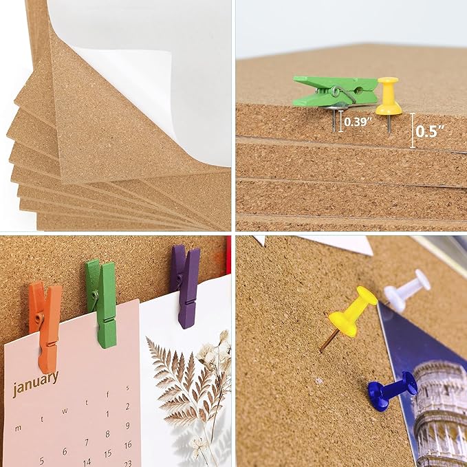 AKTOP Cork Board Bulletin Board 12x12, 1/2" Thick Cork Board Tiles 9 Pack, Small Square Pin Board for Wall, Self Adhesive Corkboards with 120 Push Pin Wood Clips for School, Home & Office-DeskLoop Office