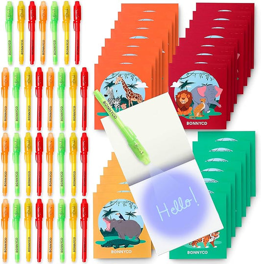 BONNYCO Invisible Ink Pen and Notebook Pack 32 Safari Party Favors for Kids Magic Spy Pen Goodie Bags Stuffers for Kids | Jungle Goody Bag Stuffers Return Gifts Birthday, Classroom Prizes Students-DeskLoop Office