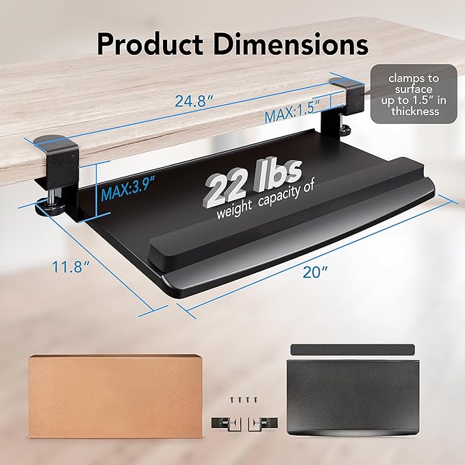EHO Clamp-On Retractable Adjustable Keyboard Tray, Under Desk Ergonomic Keyboard Tray - Easy Tool-Free Install - Small with Wrist Rest 20" (24.8" Including Clamps) x 11.5" for Enhanced Typing Comfort-DeskLoop Office