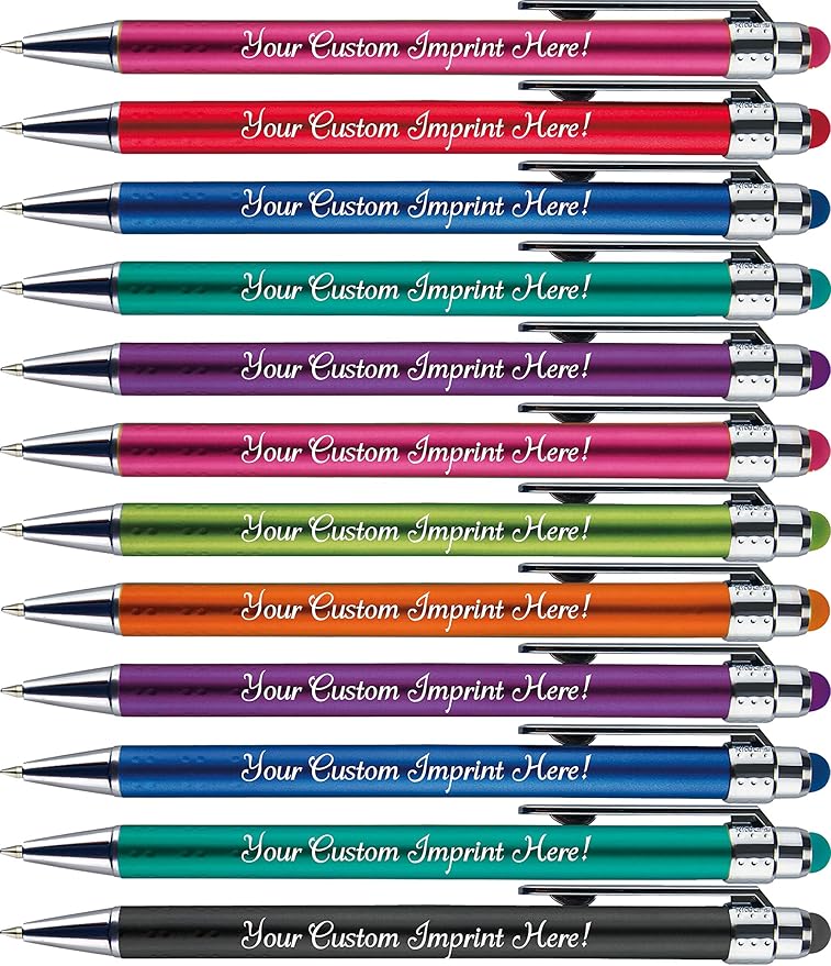 Personalized Pens with Stylus Tip -Bright Vibes- Click action - Custom - Black writing - Printed Name pens - Imprinted with Your Logo or Message - FREE PERSONALIZATION - 12 Pens/Box (Purple)-DeskLoop Office