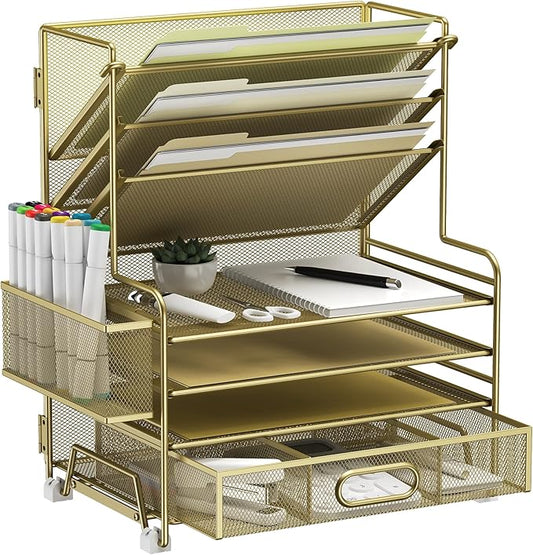 4-Tier Paper Organizer + 3-Pocket File Holder + Drawer + Pen Holders, Desktop File Organizers Paper Tray for Office Supplies School Classroom Organization (Gold, with Drawer & Pen Holder)-DeskLoop Office