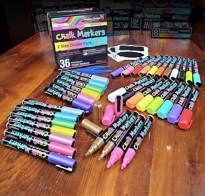 ArtShip Design 36 Chalk Markers Double Pack of Both Fine & Reversible Medium Tip Liquid Chalk Pens with Labels & Tip Tweezers Wet Erase Menu Boards, Windows, Mirrors, Non-Porous Chalkboards, Metal-DeskLoop Office