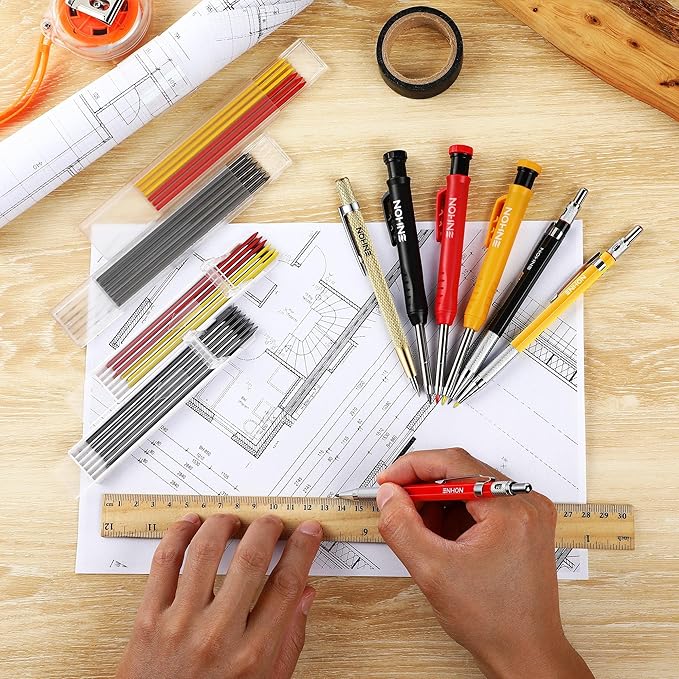 6 Pack Carpenter Pencil with Sharpener, Mechanical Carpenter Pencils with 36 Refills, Heavy Duty Construction Pencil Woodworking Tools for Architect Marking-DeskLoop Office