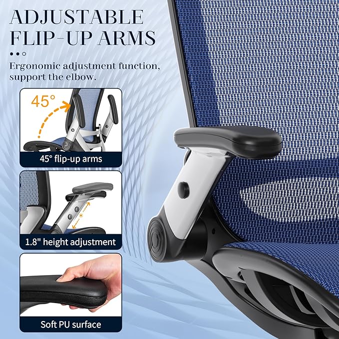 GABRYLLY Ergonomic Office Chair, High Back Mesh Desk Chair with Adjustable Headrest, Flip-Up Arms, 90-120° Tilt Lock, Lumbar Support and Comfy Seat, Swivel Computer Task Chair, Blue-DeskLoop Office